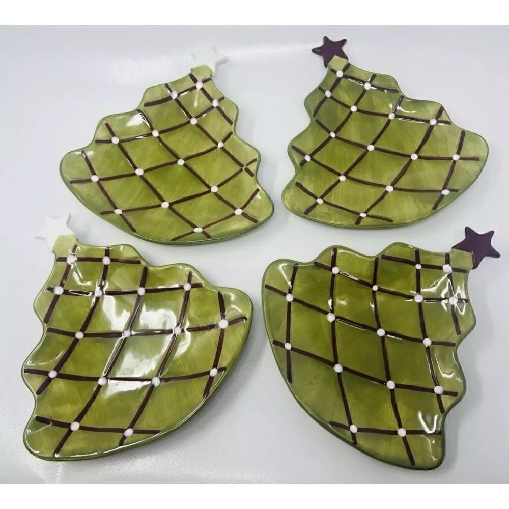 Vintage POTTERY BARN Season's Greetings Christmas Tree Appetizer Plates 4 / New